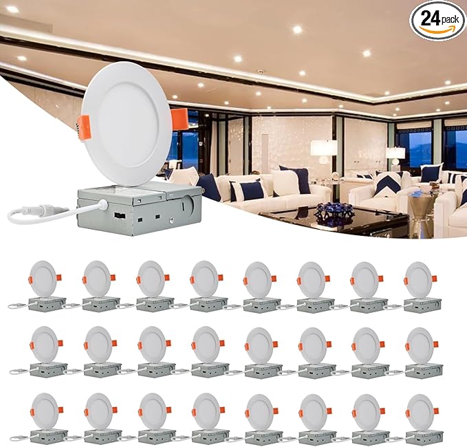 MKUJOO 24 Pack 6 Inch Ultra-Thin LED Recessed Ceiling Light with Junction Box,panel light,Daylight, 13W,2700K/3000K/3500K/4000K/5000K Selectable Dimmable Downlight ETL&FCC&CE and Energy Star Certified