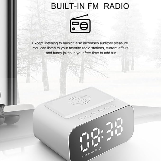 IHAO 7in1 Multifunctional Digital Alarm Clock with 15W Fast Wireless Charger Bluetooth Speaker LED Display Clock FM Radio TF Card, AUX Input, USB Port Dual Alarm for Bedroom and Office-BT510 White