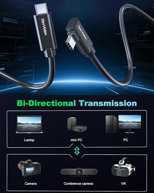 Long Tether Cable 33FT, USB C Fiber Optic Cable Right Angle, PD 60W & 10Gbps - Image 3
