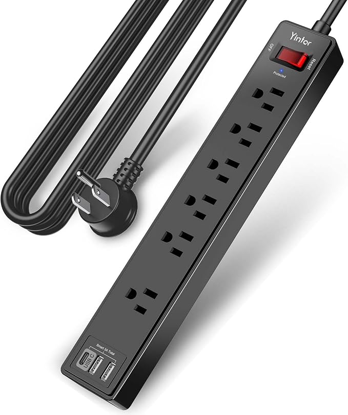 10 Ft Power Strip Surge Protector - Yintar Extension Cord with 6 AC Outlets and 3 USB Ports for Home, Office, Dorm Essentials, 1680 Joules, ETL Listed, Black