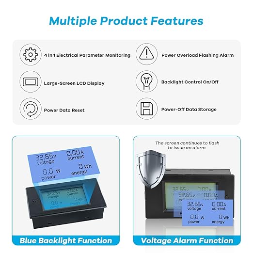 Hosyond DC 6.5-100V 0-100A LCD Display Digital Power Monitoring Meter Voltage Current Power Energy Meter Ammeter Voltmeter Multimeter with 100A Current Shunt