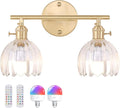 Shenmoyl Battery Operated Bathroom Light Fixtures, 2-Light Brass Vanity Wall Light with 5000mAh Rechargeable Bulb Over Mirror with Clear Tulip Glass Shade for Bedroom Living Room