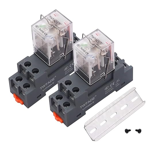 TWTADE/2PCS DC 24V Relay 10A Electromagnetic Power Coil Relay 8 Pins DPDT 2NO 2NC with Indicator Light, Socket Base & DIN Rail -YJ2N-LY