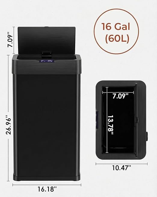 TLSUNNY 16 Gallon Motion Sensor Trash Can,Touchless Automatic Garbage Can,Brushed Stainless Steel Smart Bin,with Bag Holder,Soft Close Lid,for Kitchen,Office,RV,Bedroom,Living Room (Black, 60L)