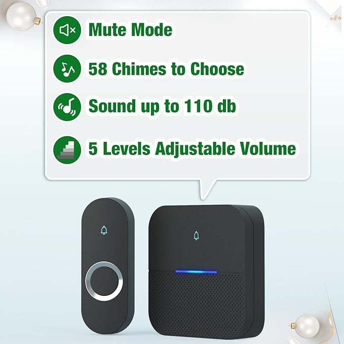 AIDA Lighted Wireless Doorbell for Home, Waterproof Battery Doorbell 1,000ft Range, 5 Volume Levels with 58 Doorbell Chimes & LED Flash(Black, Doorbell with 1 transmitter & 1 Receiver)