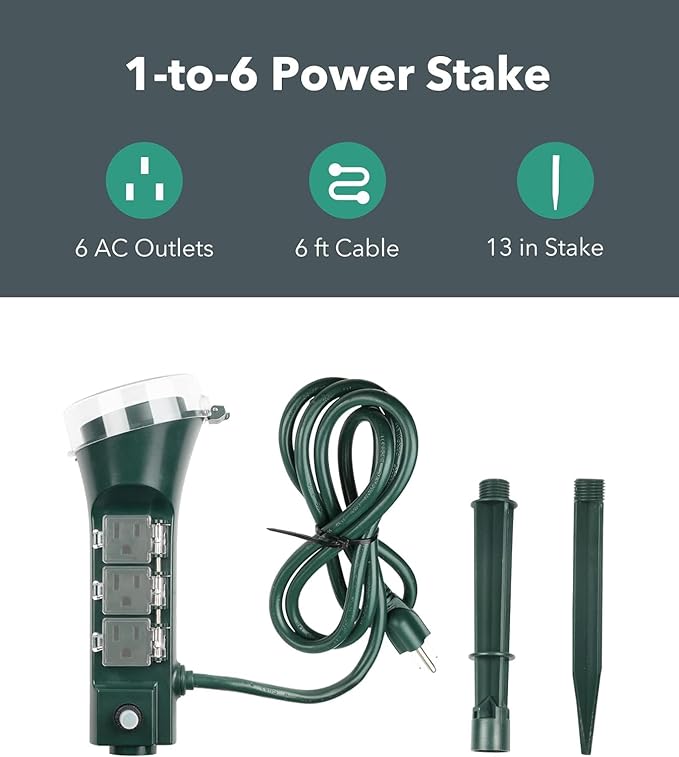 BN-LINK Outdoor 6ft Extension Cord Power Stake with 6 Outlets, Outside Power Strip with Overload Protection & Weatherproof Covers, Waterproof Yard Stake Outlets Use for Camping, Sprinkler, Party