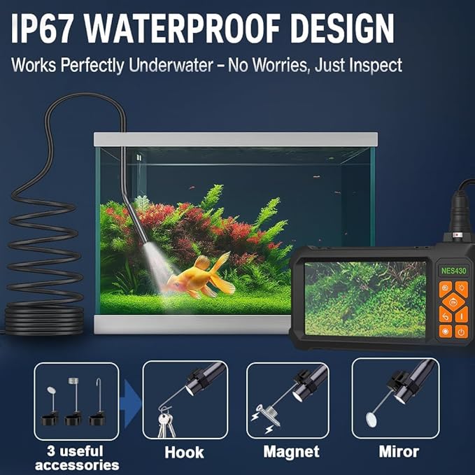 Endoscope Camera with Light 1920P HD Dual-Lens Borescope with 8 LED Lights, IP67 Waterproof Snake Sewer Tools 4.3" Inspection Camera,16.4ft Semi-Rigid Drain Endoscope