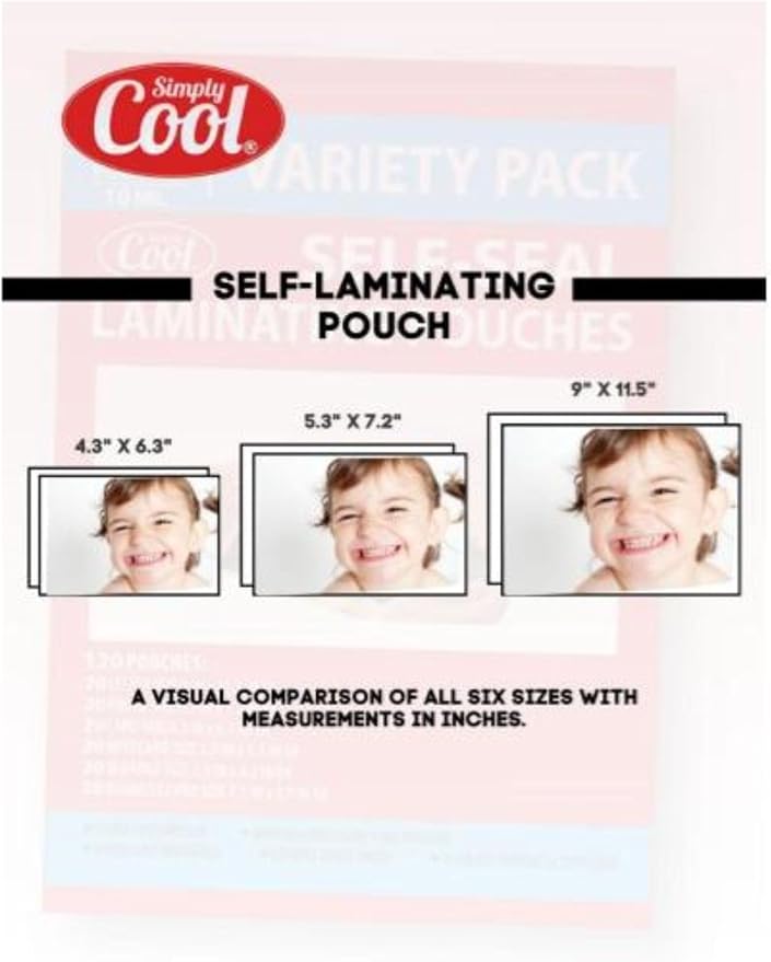 10mil Self-Adhesive Cold Laminating Sheets (120 Variety Count) Letter, Photo, Card, Notecard, I.D. Badge and Business Card Sizes. No Heat, No Machine needed, Easy Self-Sealing Pouches