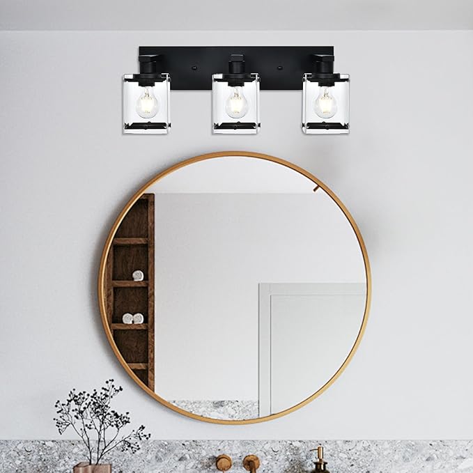 WINSHEN 3-Light Black Bathroom Light Fixture Over Mirror, Vanity Wall Lighting with Rectangular Clear Glass, E26 Bulb Base