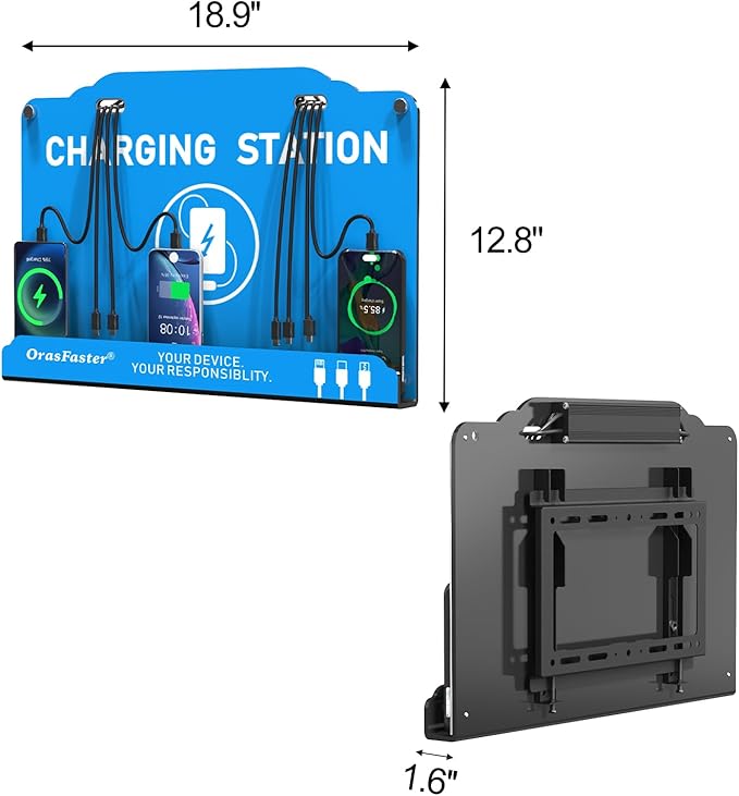 Orasfaster Wall Mounted Cell Phone Charging Station | Multi-Device Station with 8 Port Charging Dock | Application for Library, Hotel,Office,Hotels, Hospitals