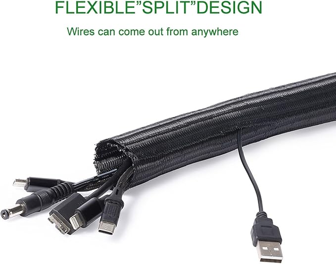 QCSIW 25ft - 1/2 inch Cord Protector, Split Sleeve Cable Management, Heavy Duty Wire Loom Tubing for Power Cords/USB/Audio Video – Pet Proof Chew Resistant Sleeving - Black