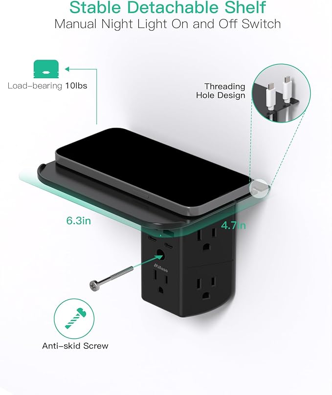 Wall Outlet Extender with Shelf and Night Light, Surge Protector, USB Wall Charger with 5 AC Outlets and 2 USB A Ports 2 USB C Ports Wide Space 3-Sided Power Strip Multi Plug Outlets, Black