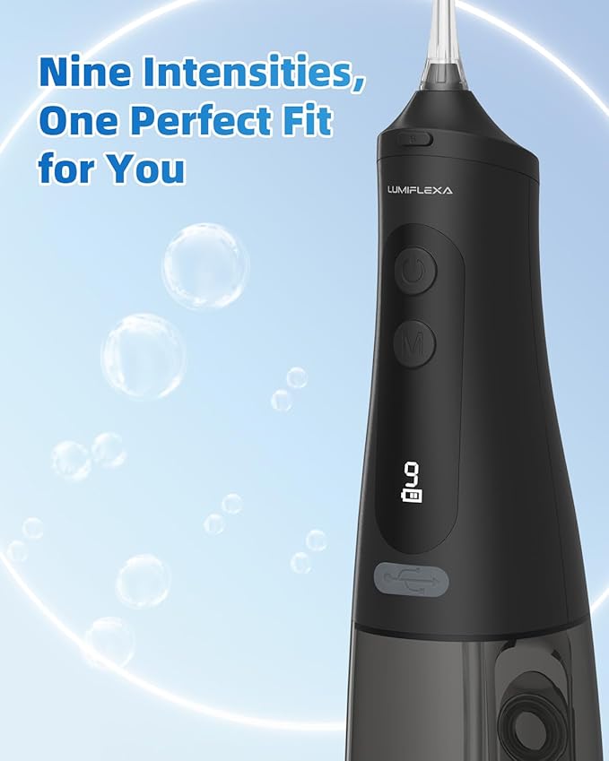 Lumiflexa Water Dental Flosser for Teeth Pick, Cordless Flosser for Travel with 4 Jet Tips, 9 intensities, IPX7 Waterproof Portable & Rechargeable Oral Irrigator Cleaner, Black