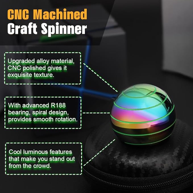 Luminous Kinetic Spinning Desk Toys, Metal Full Body Optical Illusion Fidget Spinner Ball, Glow in The Dark Fingertip for Office Classroom, Stress Relief Birthday Gifts for Kids Adults