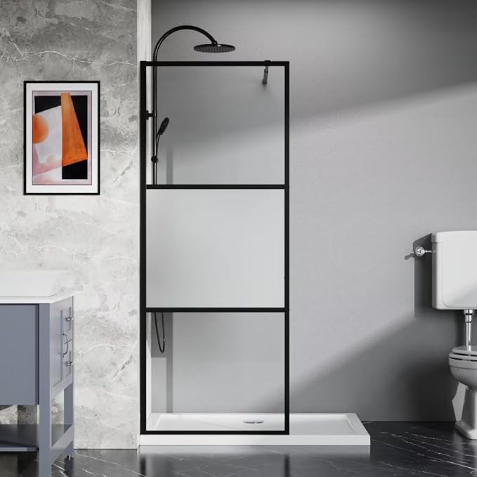 Goodyo Shower Door 34“ X 72” Fixed Frost Tempered Glass Shower Screen Panel for Walk-in Bathroom, Black Framed 3 Pieces Glass Door