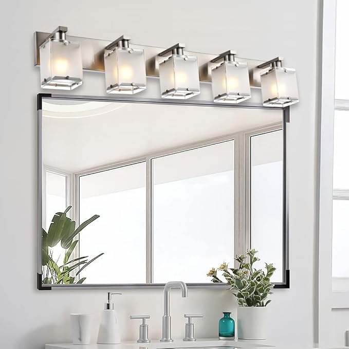 WINSHEN 5-Lights Bathroom Vanity Light Fixtures, Modern Brushed Nickel Wall Sconce Lighting with Rectangular Frosted Glass Shades, E26 Bulb Base