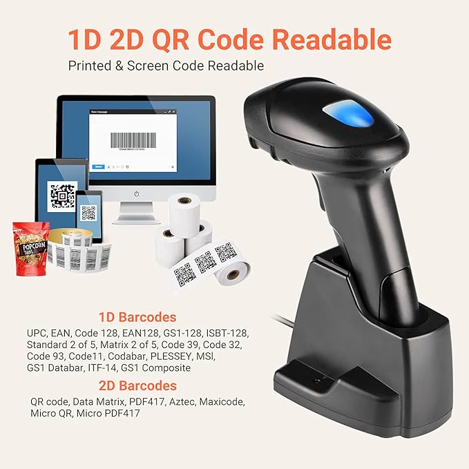 Tera Wireless 1D 2D QR Barcode Scanner with USB Charging Base Handheld Bar Code Reader Scanner Automatic Sensing Fast Precise Scanner HW0005