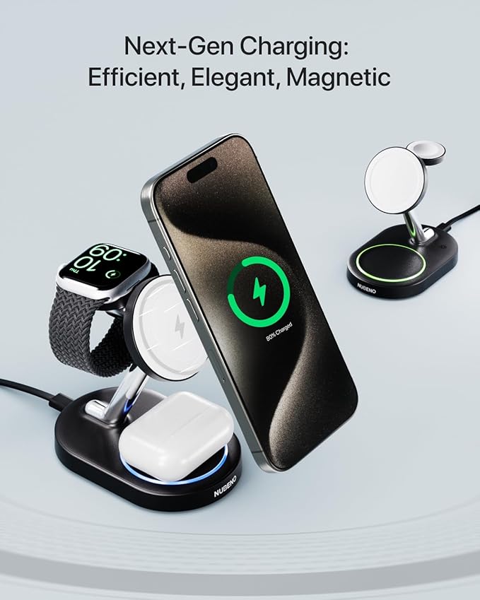 Nubeno Fast Charging Station for Magsafe Apple Devices, Wireless Charger Station for MagSafe iPhones, 3 in 1 Magnetic Charger Stand for iPhone 15/14/13/12, Apple Watch & AirPods(Blk)