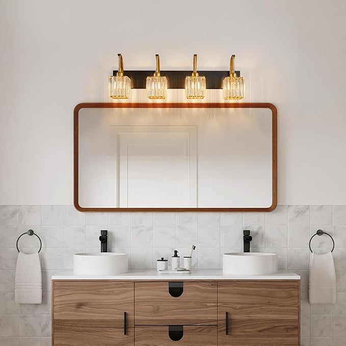 FDPBY Crystal Vanity Lights 4-Light Black Gold Bathroom Vanity Lights Modern Crystal Bathroom Light Fixtures Over Mirror 32.67" Long Vanity Light for Bathroom
