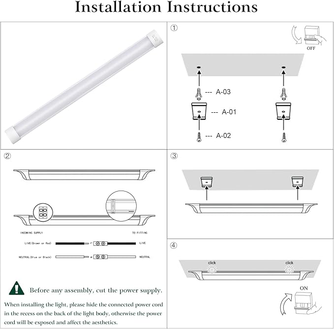 colmeguna 4 Packs 4FT LED Batten Light, Ultra-Thin Slim Ceiling Surface Mounted Light, 40W, 4000K, IP20, LED Ceiling Lamp for Garage, Shop, Hallway, Office, Market