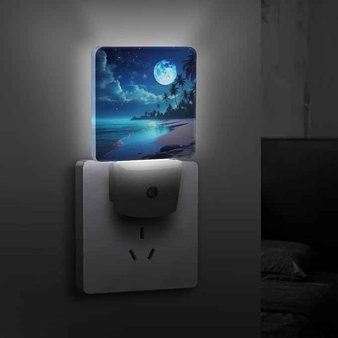 YKJAHSD Moon Beach Night Light, Plug into Wall Decor Nightlights for Bedroom, Bathroom, Hallway, Kitchen, with Dusk to Dawn Light Auto Sensors LED Night Lights for Boys Girls Women Men Room Gifts