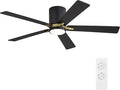 WINGBO 48" DC Flush Mount Ceiling Fan with Lights, 5 Plywood Blades, 6-Speed Reversible DC Motor, 3CCT, Low Profile Hugger Ceiling Fan for Living Room Bedroom Kitchen, Black and Brass