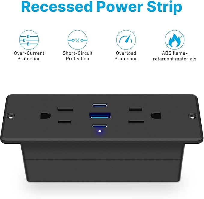 CCCEI Recessed Power Strip with Outlet and 65W USB C Ports, Furniture Flush Mount Power Strip, Small Desk Hidden Outlet for Conference Table, Nightstand, Black, 10FT.