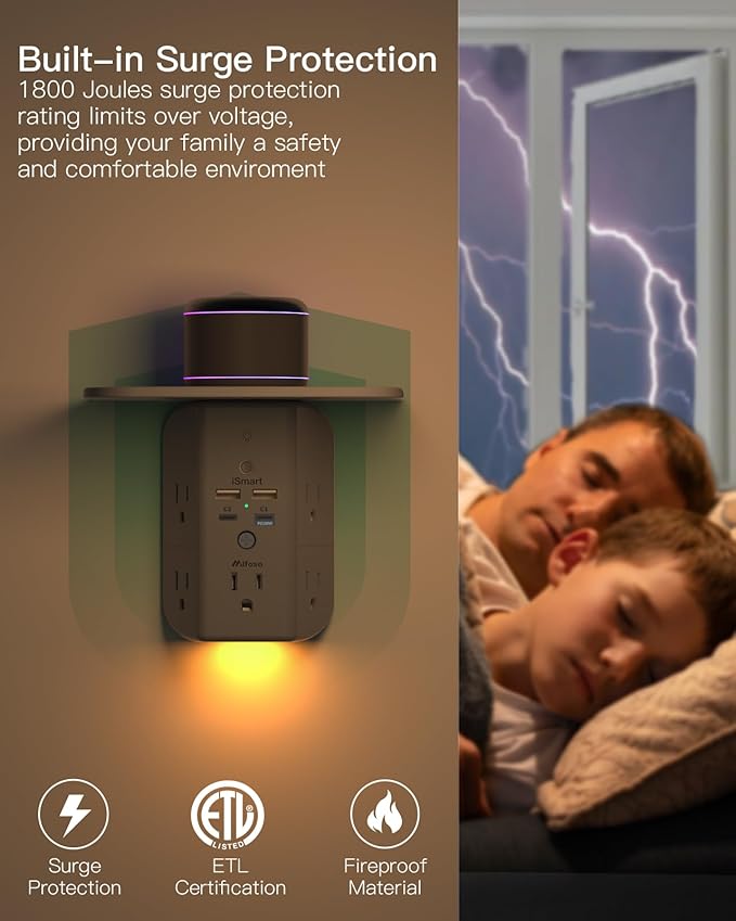 PD20W Wall Outlet Extender, Outlet Splitter with Shelf and Night Light, USB Wall Charger with 5 AC Outlets and 3 USB A Ports 1 USB C Ports Wide Space 3-Sided Power Strip Multi Plug Outlets Gray