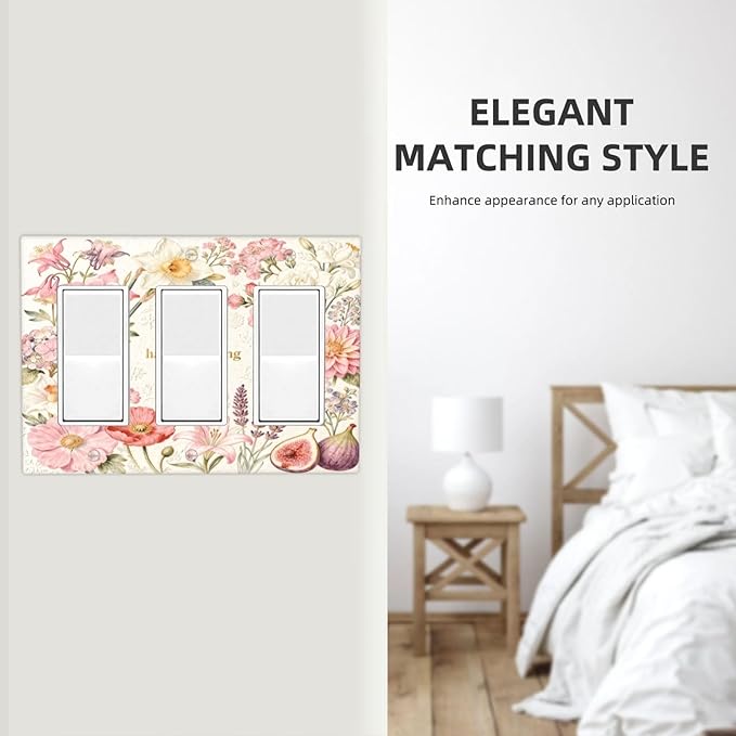 Bvtewkhz Floral Plant Watercolor Flowers 3 Gang Triple Rocker Decorative Outlet Covers Light Switch Plate Electrical Receptacle Switchplate For Bathroom Kitchen Bedroom