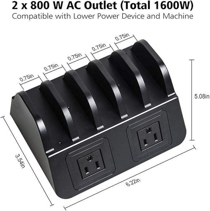 UDOLI 5 USB Ports Charging Station Organizer for Multiple Devices Fast Charging Desktop Stand for Apple Android Phone Tablet 1600W 2 AC Power Outlets Charger Dock for Home Office 3 Prong Cord Black