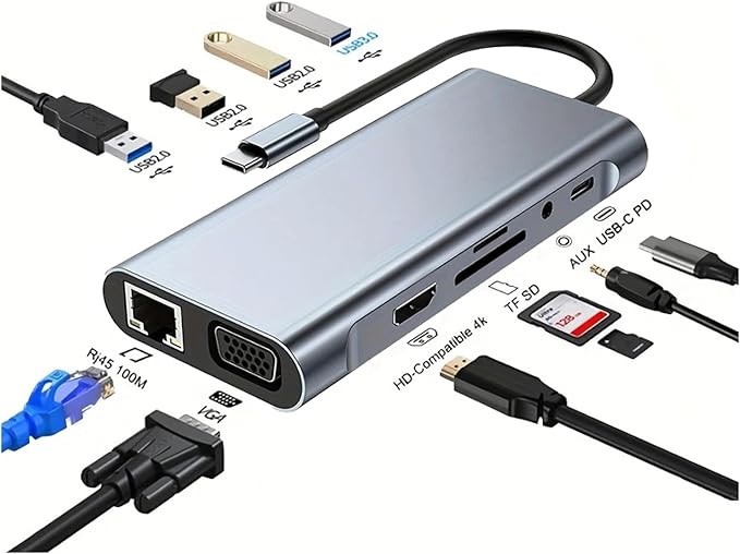 USB C Laptop Docking Station 11 in 1 Type-C Hub with HDMI,Ethernet,4 USB,VGA,SD TF Card Reader,Audio,PD Compatible with iPhone16/MacBook/Dell/Surface/HP/Lenovo and Other Type C Laptops