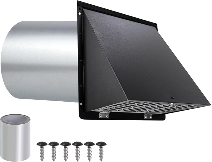 4 Inch Dryer Vent Cover Outside,Dryer Vent Cover Outdoor Wall Vent Hood Dryer Exhaust Vent Cap,Hooded Wall Vent with Screen & Damper,Wall Mount Extractor Vent for Dryer Duct AC,Galvanized Steel,Black