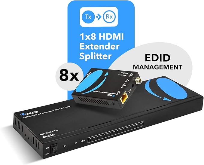 OREI 1x8 HDMI Extender Splitter 4K, Multiple Over Single Cable CAT6/7 4K@60Hz 4:4:4 HDCP 2.2 with IR Remote EDID Management - Up to 115 Ft - Loop Out - Low Latency - Full Support