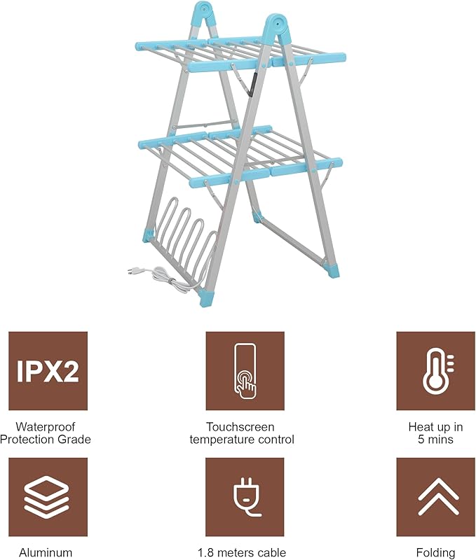 SHARNDY Electric Heated Clothes Drying Rack,Foldable Heated Garment Dryer with Timer Shut-Off Laundry Rack for Clothes Shoes Socks,Aluminum Alloy,Blue,Plug & Play,(39.37x25.98x23.82in)
