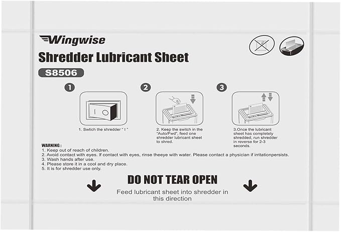 Wingwise 48-Pack Shredder Lubricant Sheets, 8.5 x 6 Inches, Sharpens Blades & Extends Shredder Life, Mess-Free Maintenance for Heavy-Duty Use