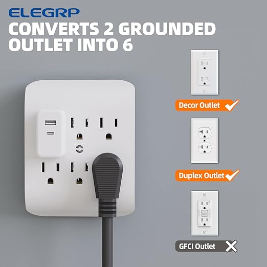 ELEGRP 6-Outlet Extender with Central Anchor, 3-Prong Grounded Wall Tab, Multiple Outlet Extender with 6 Electrical Outlets, ETL Listed, 1 Packs, White