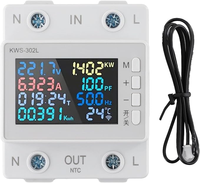 LCD Digital Energy Meter, Single Phase Energy Meter, Din Rail Electricity Usage Monitor, Power Usage Monitor AC170V~270V Power Voltage Meter(KWS-302L)