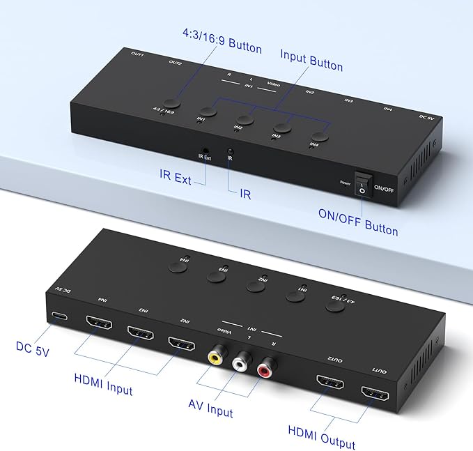ZUZONG (3 Ports HDMI 2.0 + 1 RCA to 2 HDMI Converter (2 Outputs Can Simultaneous Display) Switcher Splitter Support 4:3/16:9 Switching for N64 NGC Wii Xbox PS2/3/4/5 Switch Apple TV Fire TV Roku