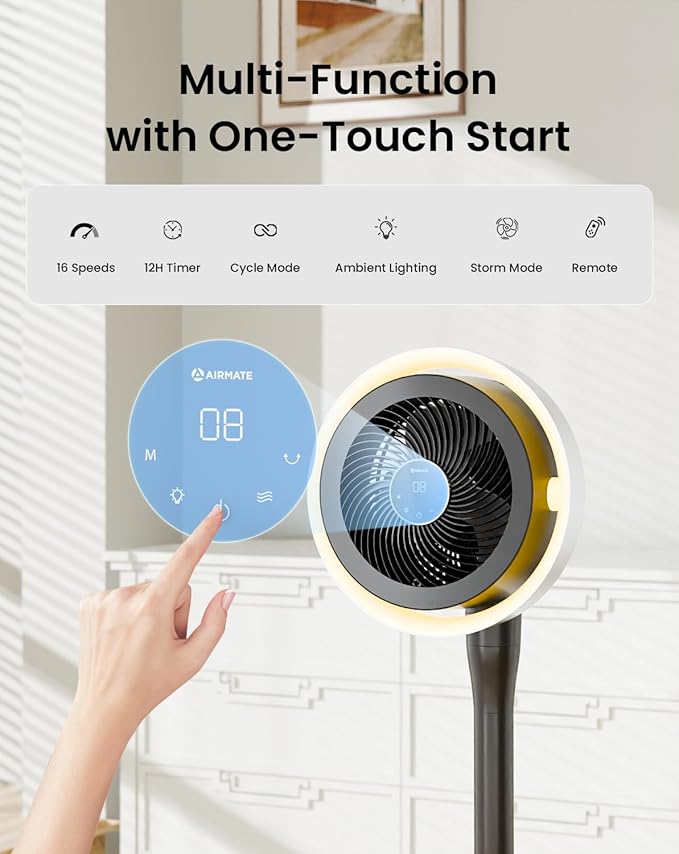 AIRMATE Standing Fan for Bedroom, (60°/90°/120°) Oscillating Fan with Light, Digital Display, (12-43") Adjustable Height, 16 Speeds, 12H Timer, 25dB, 92ft Quiet Pedestal Fan with Remote, DarkGrey