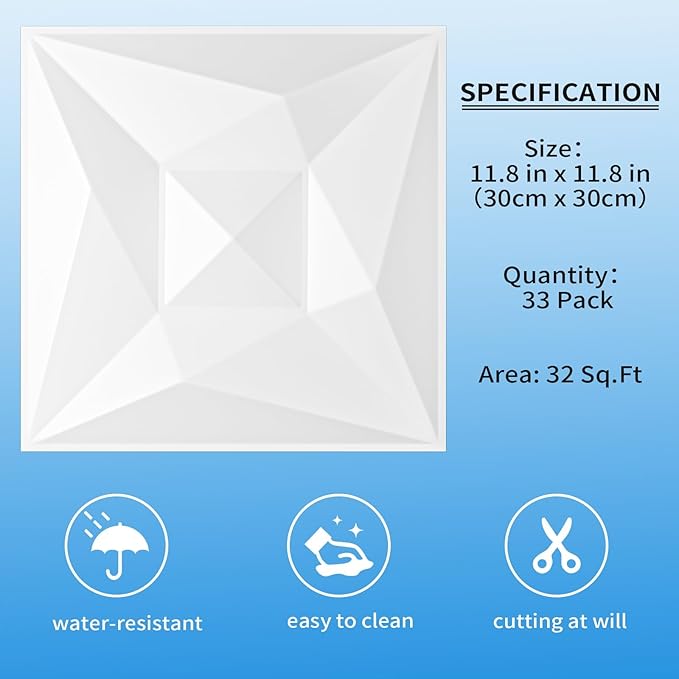 Greymond White PVC 3D Wall Panels, 33 Pack 11.8''x11.8''Geometric Design for Modern Home Decor Upgrade, Textured Tile Decorative & Paintable for Living Room Lobby Bedroom Hotel Office