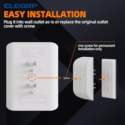 ELEGRP 6-Outlet Extender with Central Anchor, 3-Prong Grounded Wall Tab, Multiple Outlet Extender with 6 Electrical Outlets, ETL Listed, 1 Packs, White