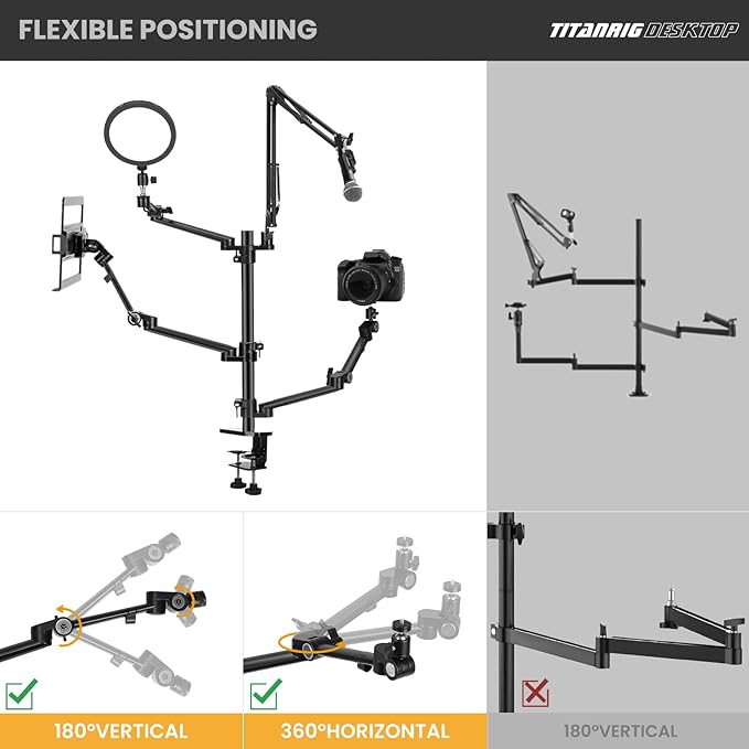 TARION Overhead Camera Desk Mount: 4-in-1 Heavy Duty Mount Set with 1 Mic Boom Stand + 3 Articulating Arms for DSLR Cameras Ring Light Monitor Laptop - Live Stream Stand TitanRig Desk