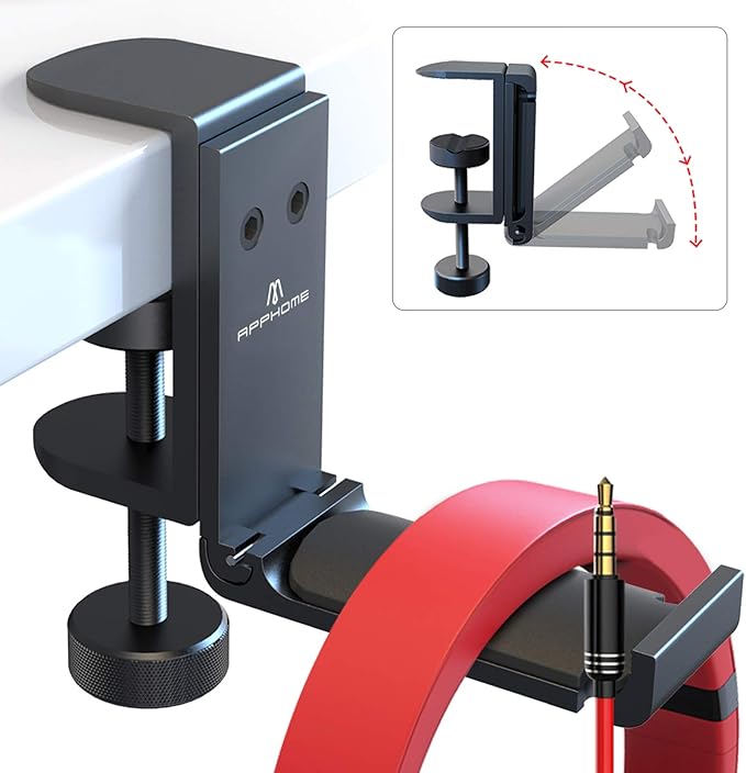APPHOME Headphone Stand Hook for Desk, Foldable Under Table Headset Holder with Built-in Cable Clip Organizer, Clamp Hanger Mount for PC Gaming, Office, Backpack, Bag, Purse Hanging