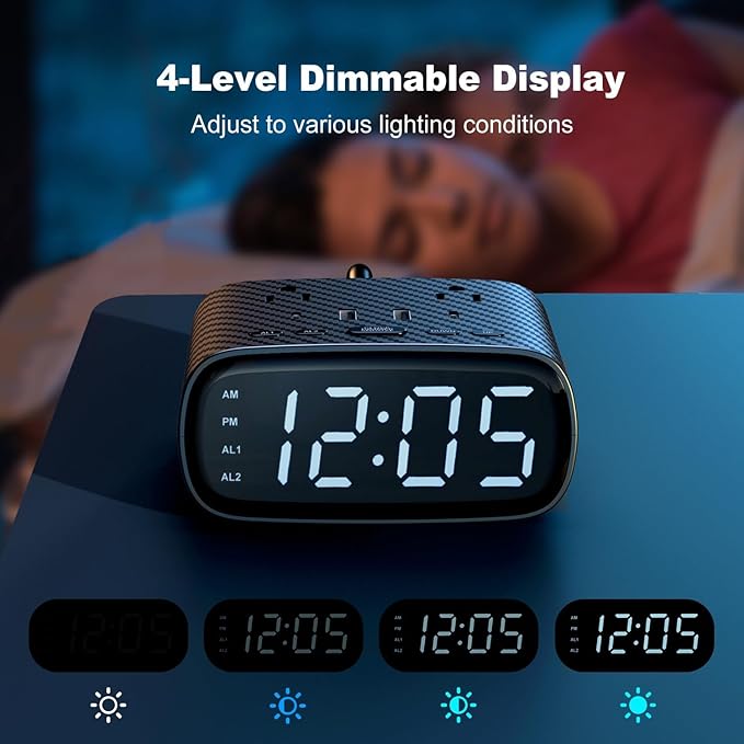 2PCS Alarm Clock with 2 USB-C, 2 USB-A Chargers Power Strip 2 Outlets - Screen LED Dimmable Digital Clock with Snooze Function - Dual Alarm for Bedside Nightstand