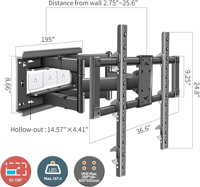 HILLPORT 85 86 98 TV Wall Mount 55-100 inch Full Motion Television Bracket Large Screen Led Heavy Duty Swivel Tilt Sliding Adjustable Articulating Stand max vesa 800x600mm Load 176 lbs DY999