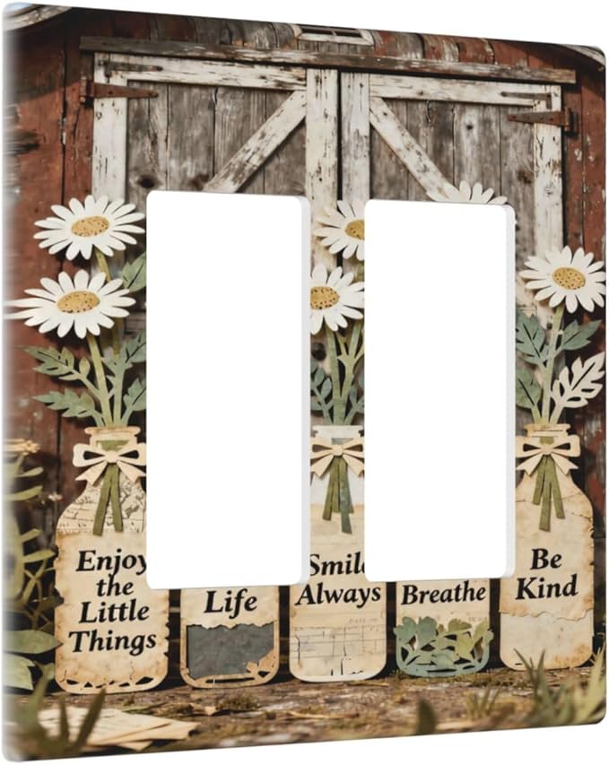 Bvtewkhz Rustic Daisy Barn Door Flowers 2 Gang Double Rocker Decorative Light Switch Covers Electrical Faceplate Switch Plates for Bathroom Kitchen Home