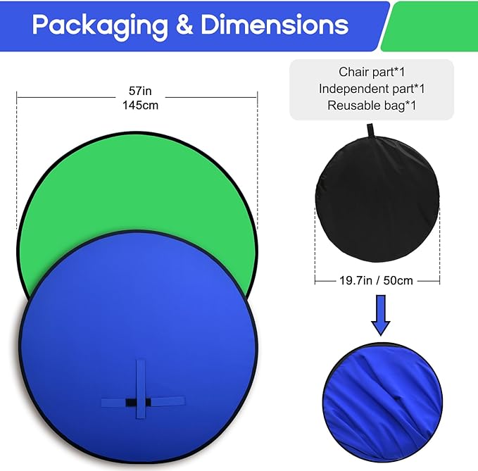 Portable Blue Green Screen Chair, 57 in Greenscreen Backdrop with Stand 2-in-1Double Sided Foldable Green Background, for Video Chats and Meetings, Photography, Photo Zoom, Streaming Games
