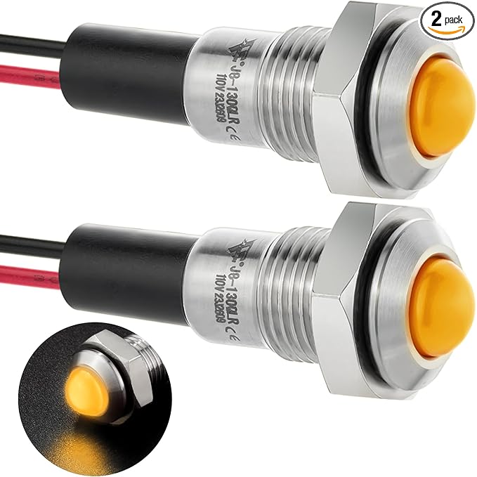 ZGSZJHF UL Listed Mini Indicator Light 8mm 0.31" Waterproof IP67 110V-120V Domed Sphere High Head Metal 304-Stainless Steel LED Lamp Pilot Light with 140mm Wire Yellow