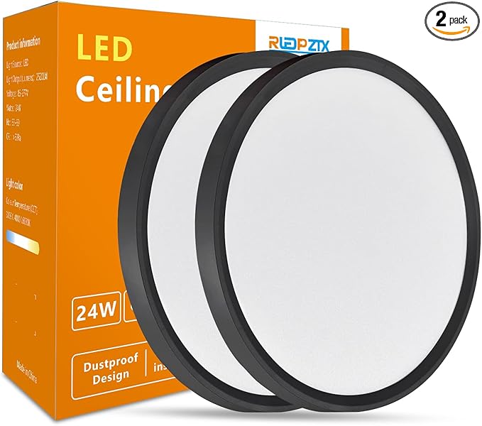 RLEDPZTX Led Flush Mount Ceiling Light,16 Inch 32w 3480lm,3000k/4000k/6000k 3CCT Selectable, Round Modern Flat Panel Super Slim Led Ceiling Light,for Living Dining Kitchen Bedroom Room (2Pack-Black)