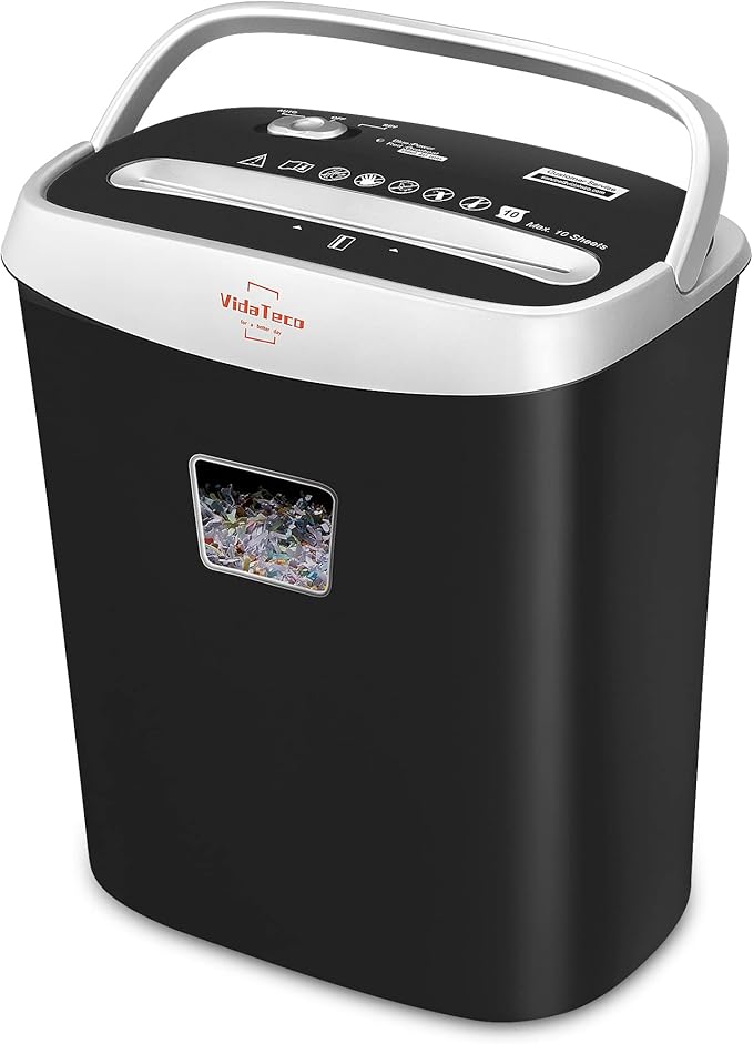 VidaTeco Paper Shredder for Home Office10-Sheet Cross-Cut Shredder with US Patented Cutter,Also Shreds Card/CD/Clip,Paper Shredding Machine for Home Use Heavy Duty with Jam Proof,3.9-Gallon Bin